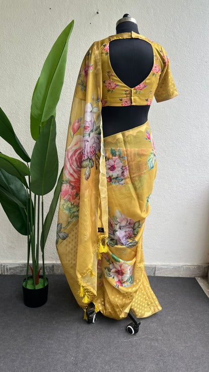 Yellow kota floral saree with blouse