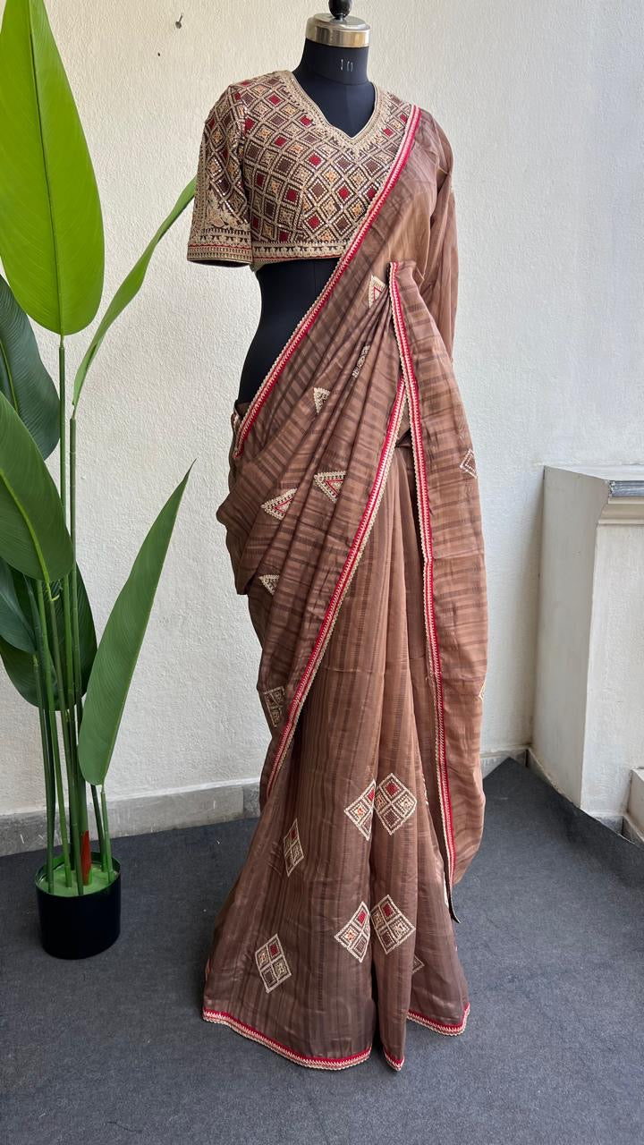 Caramel muslin silk embroidery saree with blouse