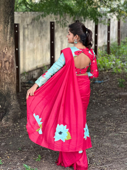 Pink marble silk saree with  embroidery blouseq