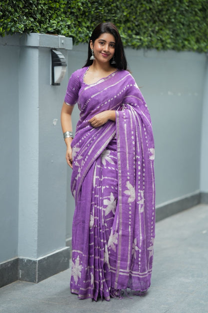 Purple linen floral saree with hand work blouse