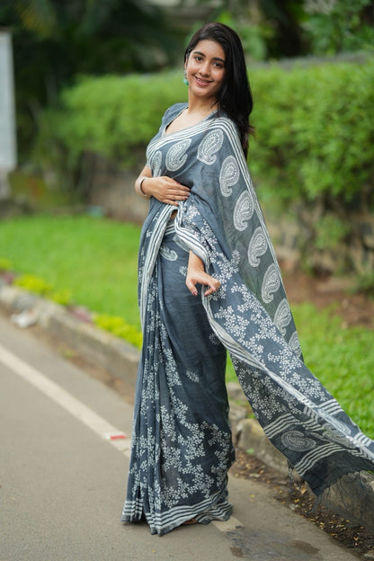 Grey linen floral printed designer saree