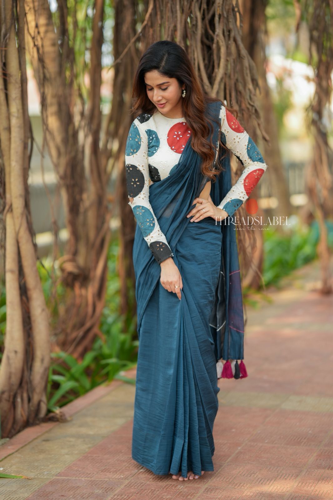 Blue mul chanderi saree with embroidery ajrak blouse