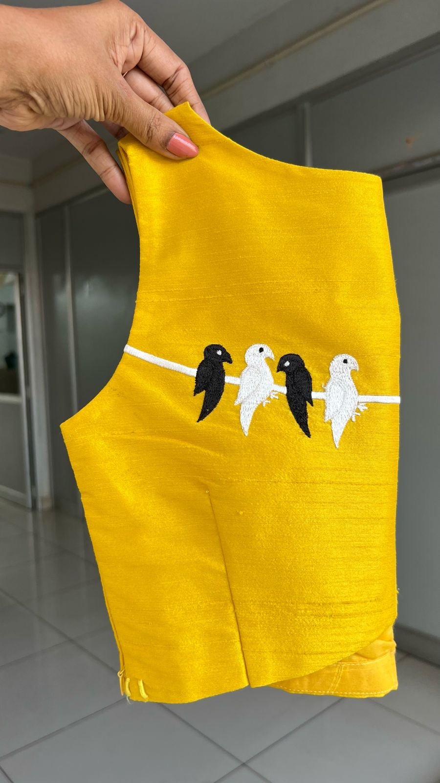 Yellow silk bird embroidery blouse