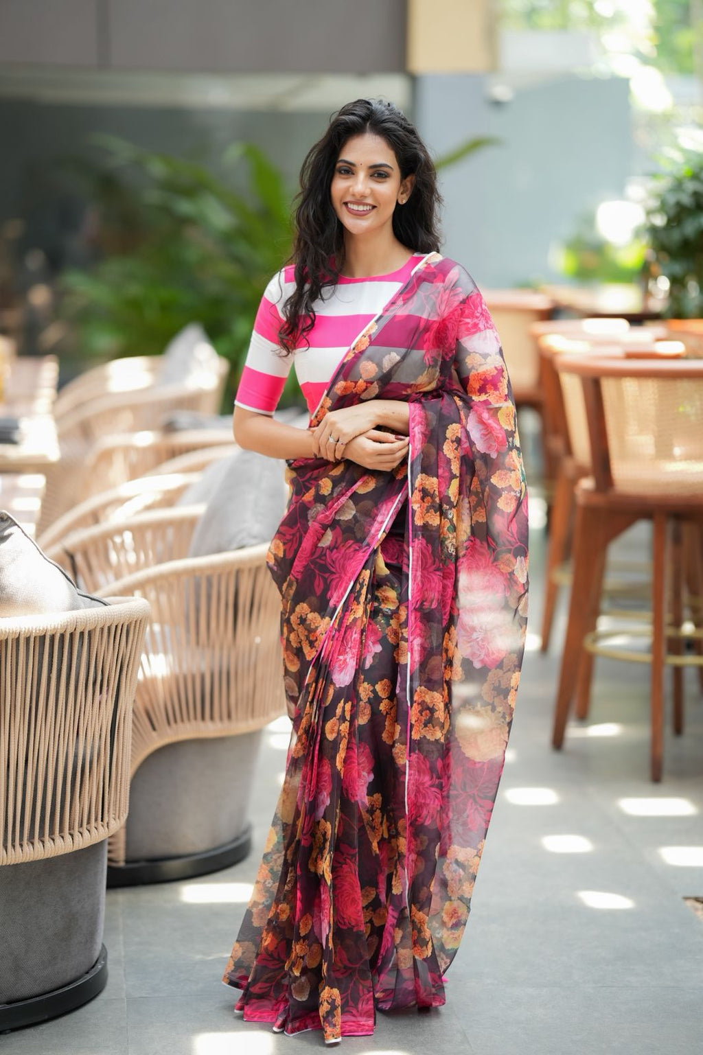 Deep brown soft organza saree with satin blouse