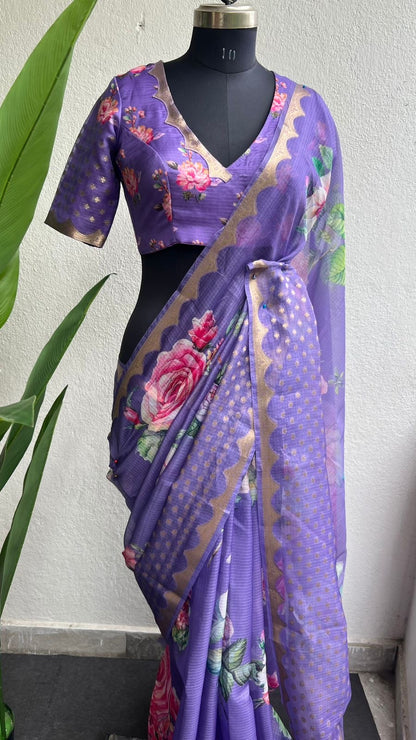 Lavender kota floral saree with blouse