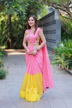Pink mul chanderi saree with handwork blouse