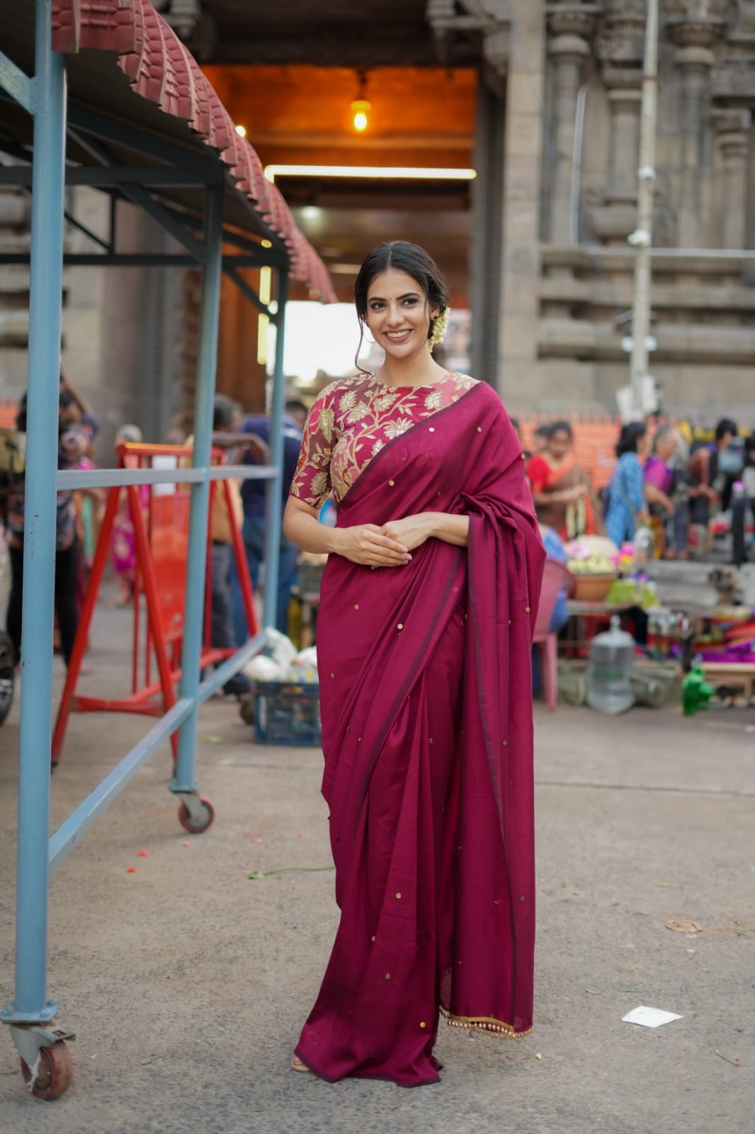 Maroon marble silk saree with embroidery blouse