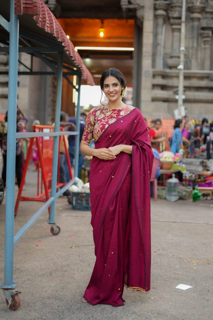 Maroon marble silk saree with embroidery blouse