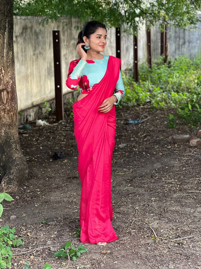Pink marble silk saree with  embroidery blouseq