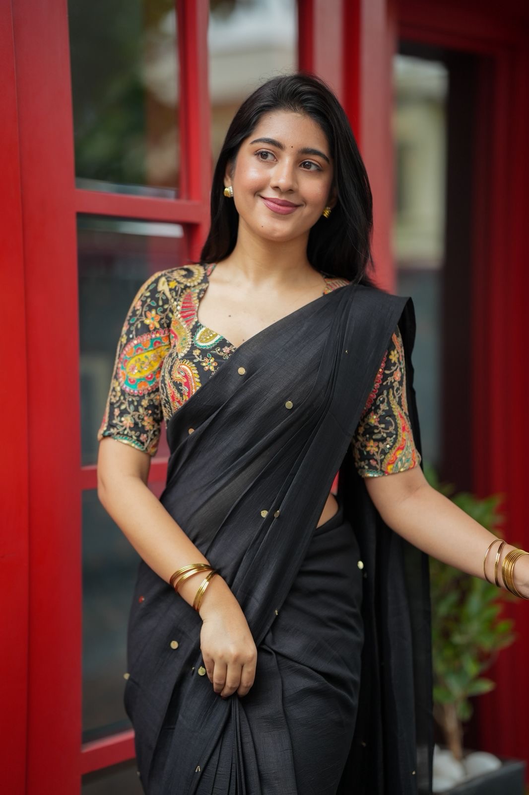 Black malai chanderi saree with heavy embroidery blouse