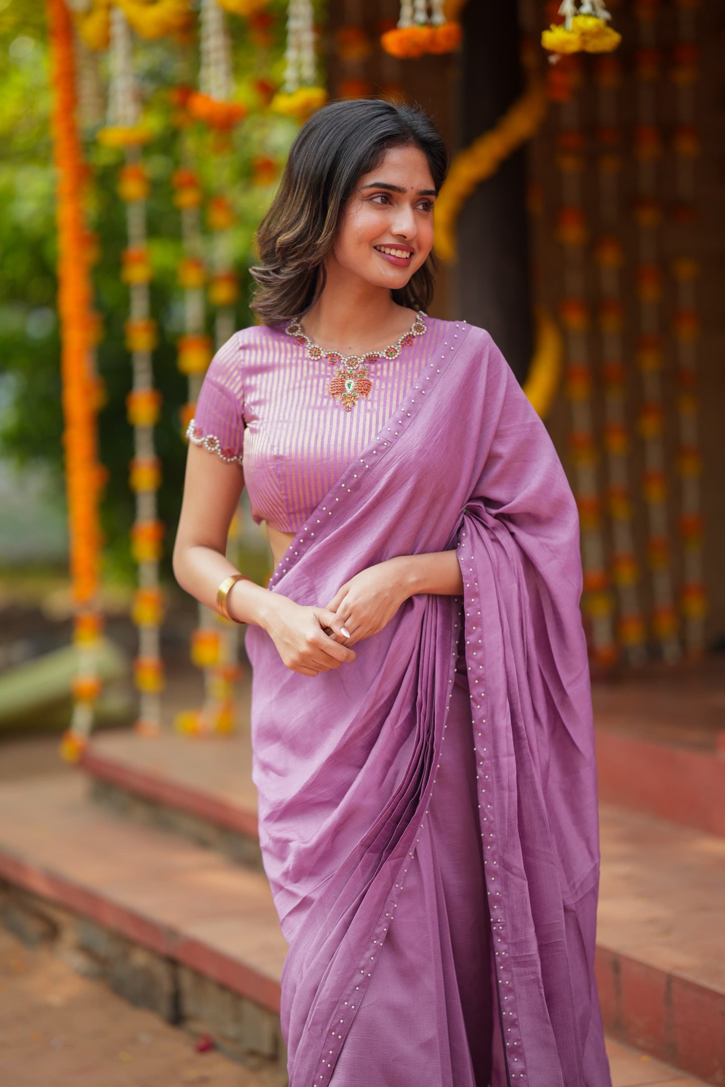 Lavender marble saree with Jewel neck handwork blouse