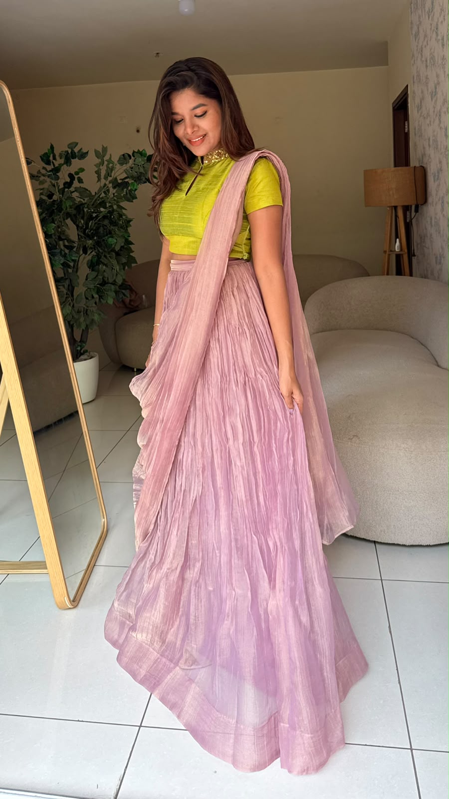 Purple pink tissue hand work lehenga