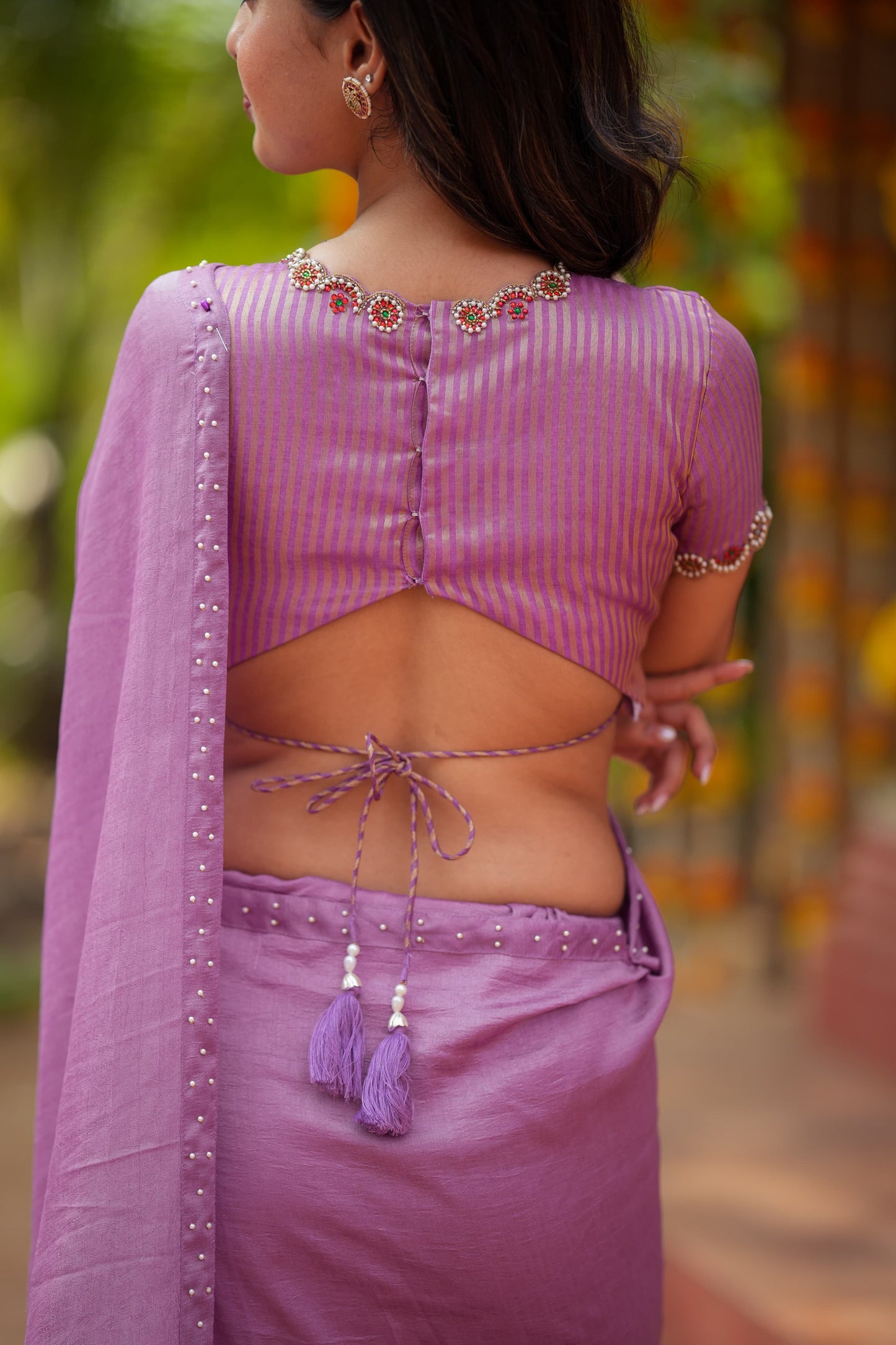 Lavender marble saree with Jewel neck handwork blouse