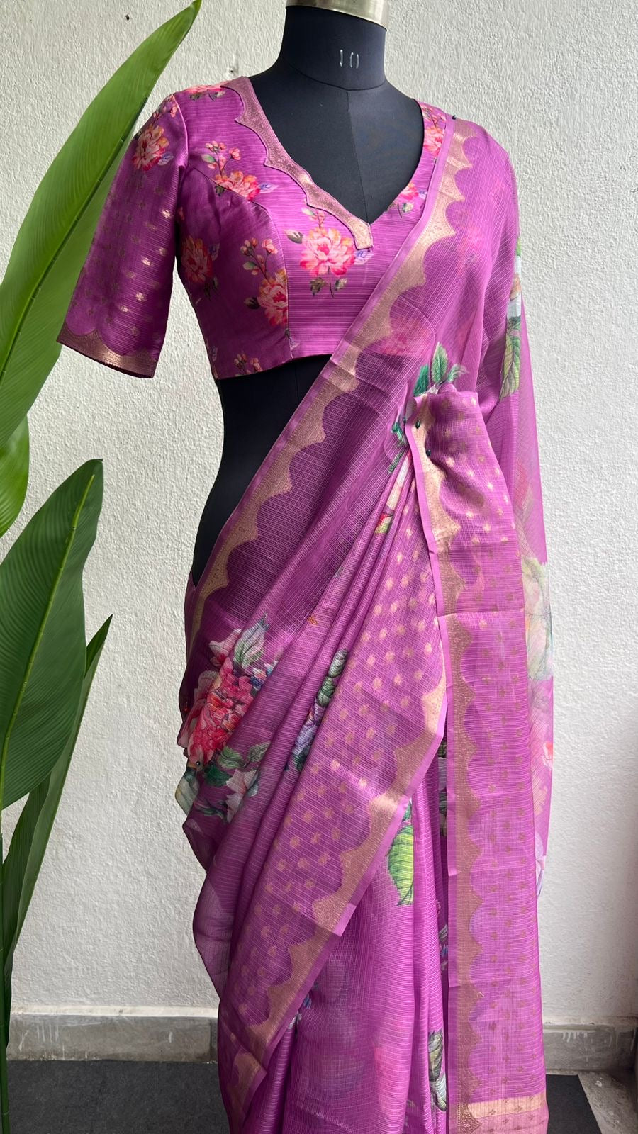 Light megenta kota floral saree with blouse