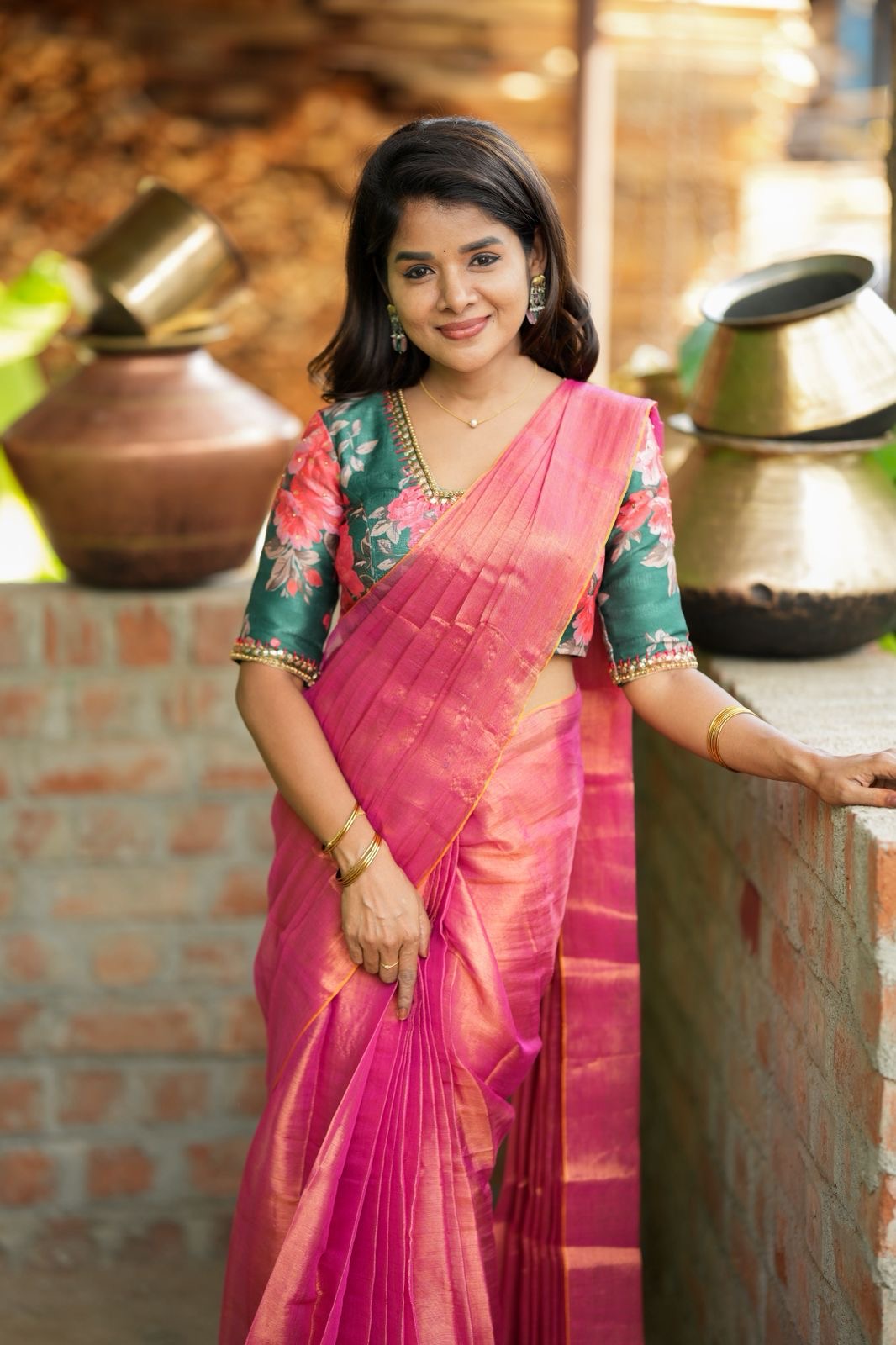 Pink soft tissue saree with hand work blouse