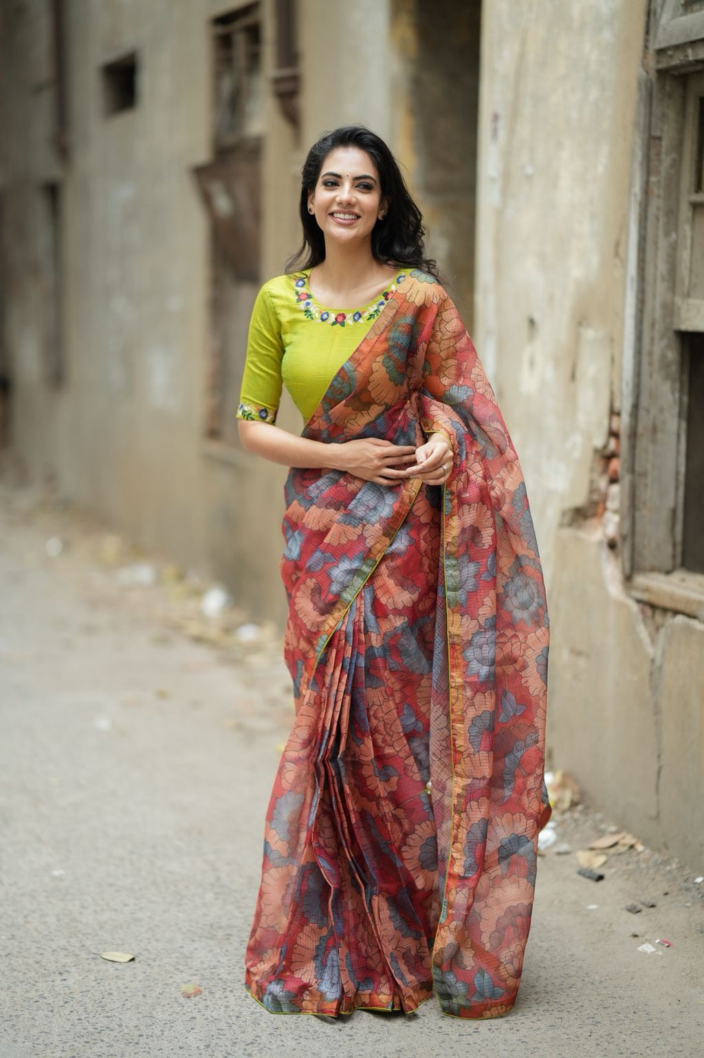 Parrot green floral hand work blouse (only blouse)