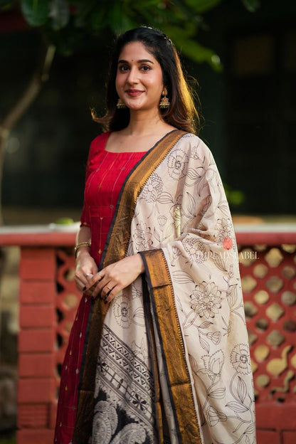 Red checked zari woven kurti