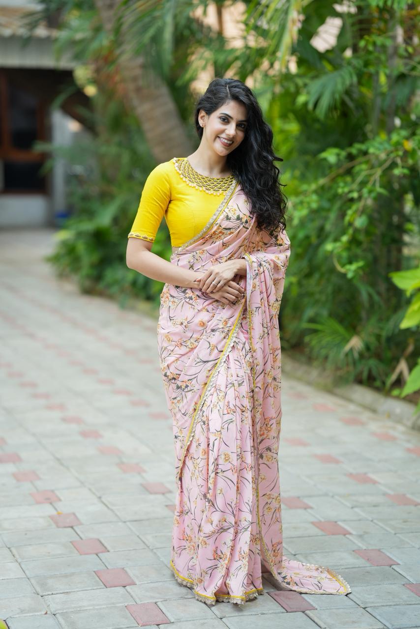 Yellow silk JEWEL NECK hand work blouse