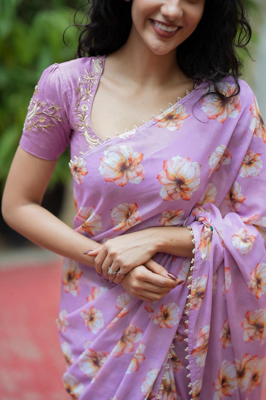 Lavender georgette saree with silk hand work blouse