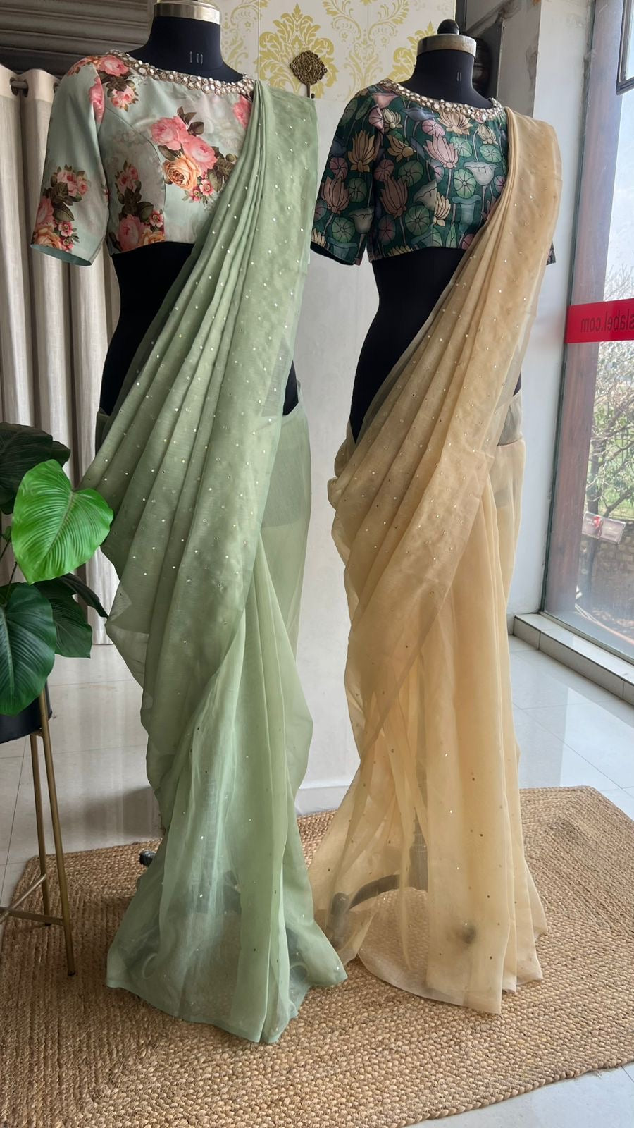 Light green tissue saree with mirror floral blouse