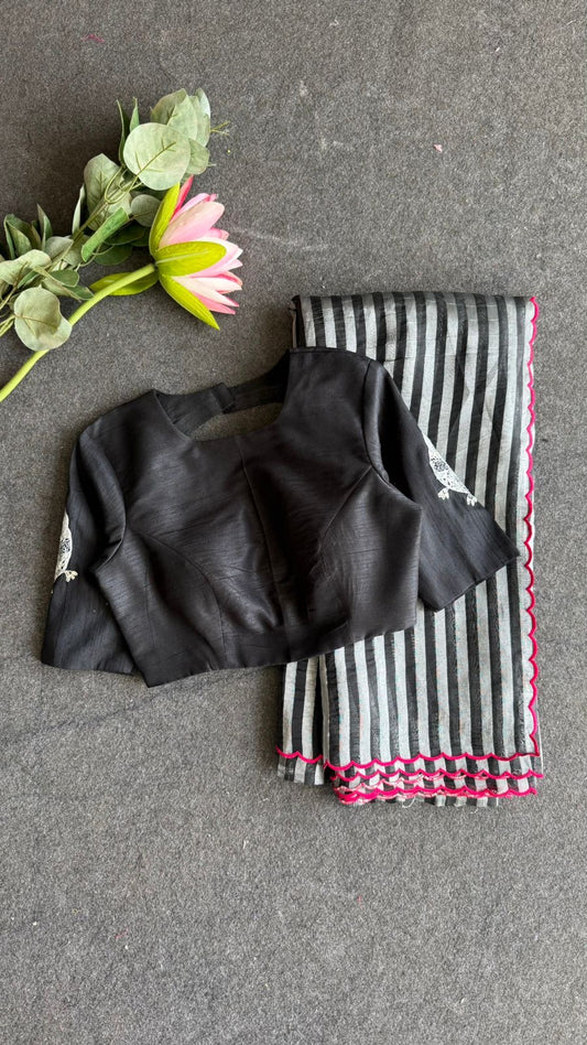 Black & silver stripped tissue saree with bird work blouse