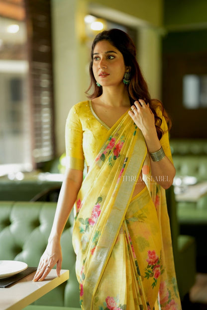 Yellow linen cotton saree with hand work blouse