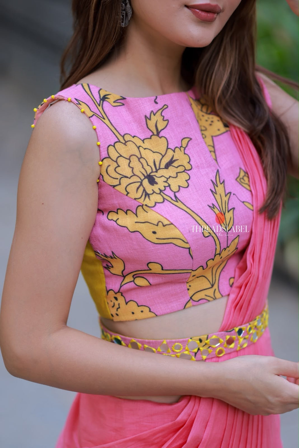 Pink mul chanderi saree with handwork blouse
