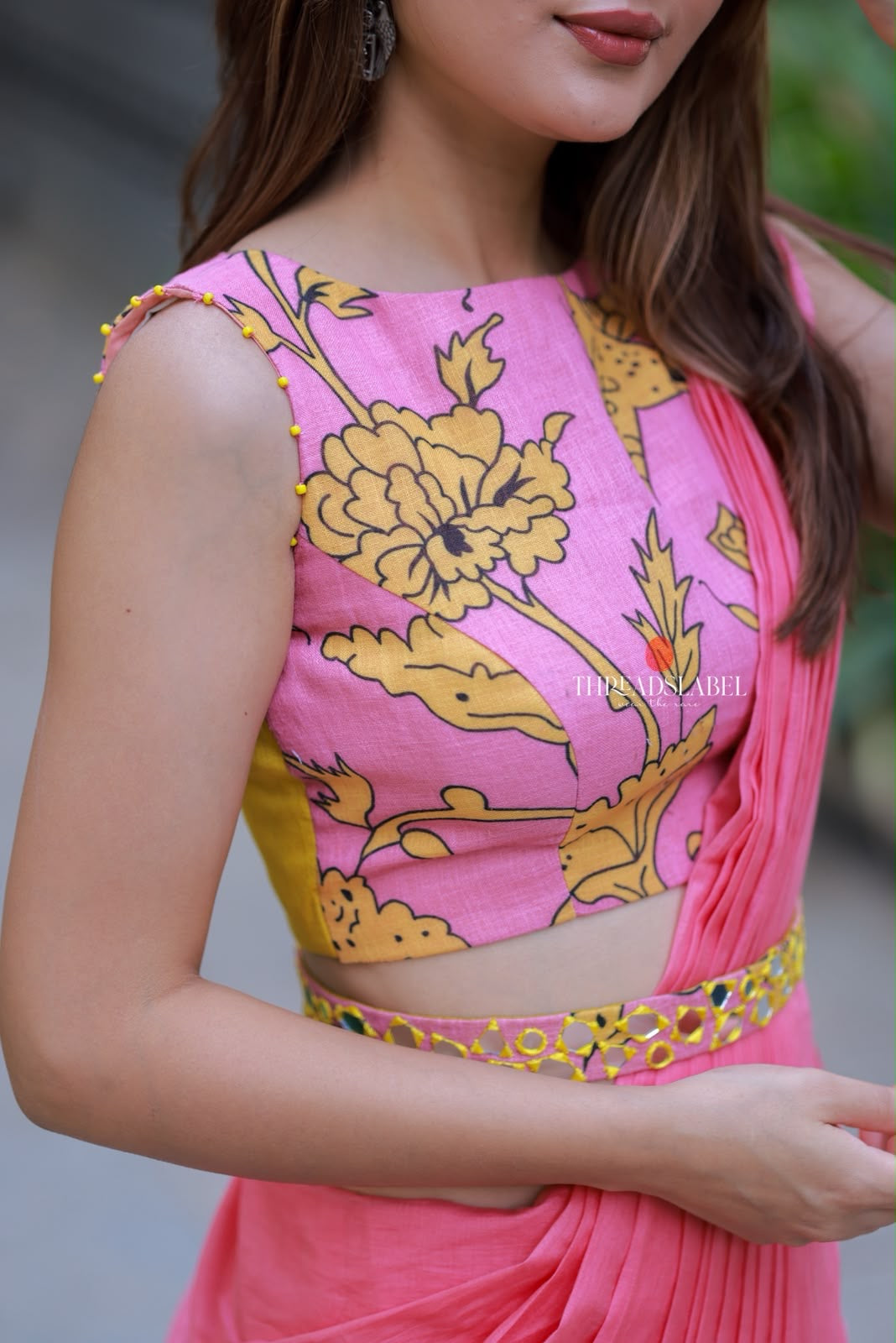 Pink mul chanderi saree with handwork blouse