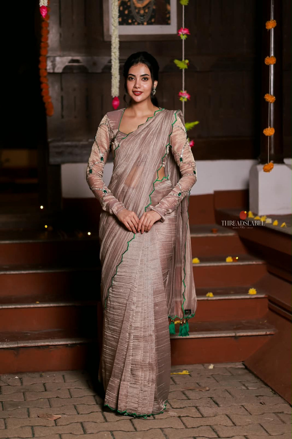 Dusty silver tissue hand made saree & blouse