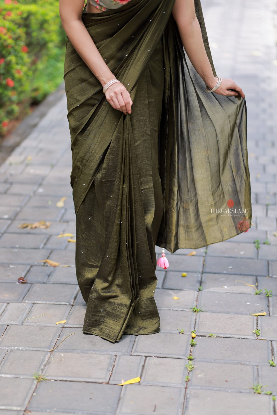 Bottle green Marble Saree with Handwork Blouse