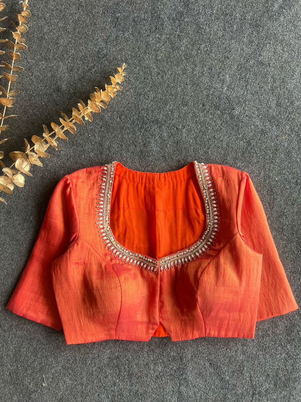 Orange red tissue pearl worked blouse
