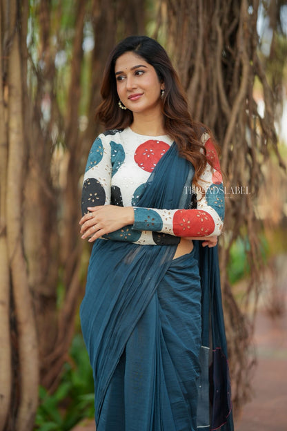 Blue mul chanderi saree with embroidery ajrak blouse