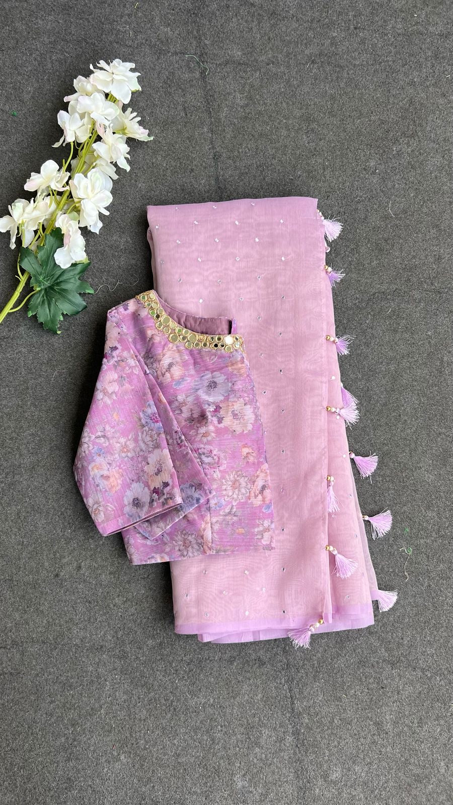 Lavender georgette mirror floral blouse(only blouse)