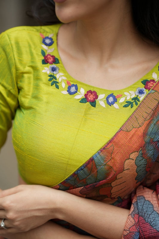 Parrot green floral hand work blouse (only blouse)