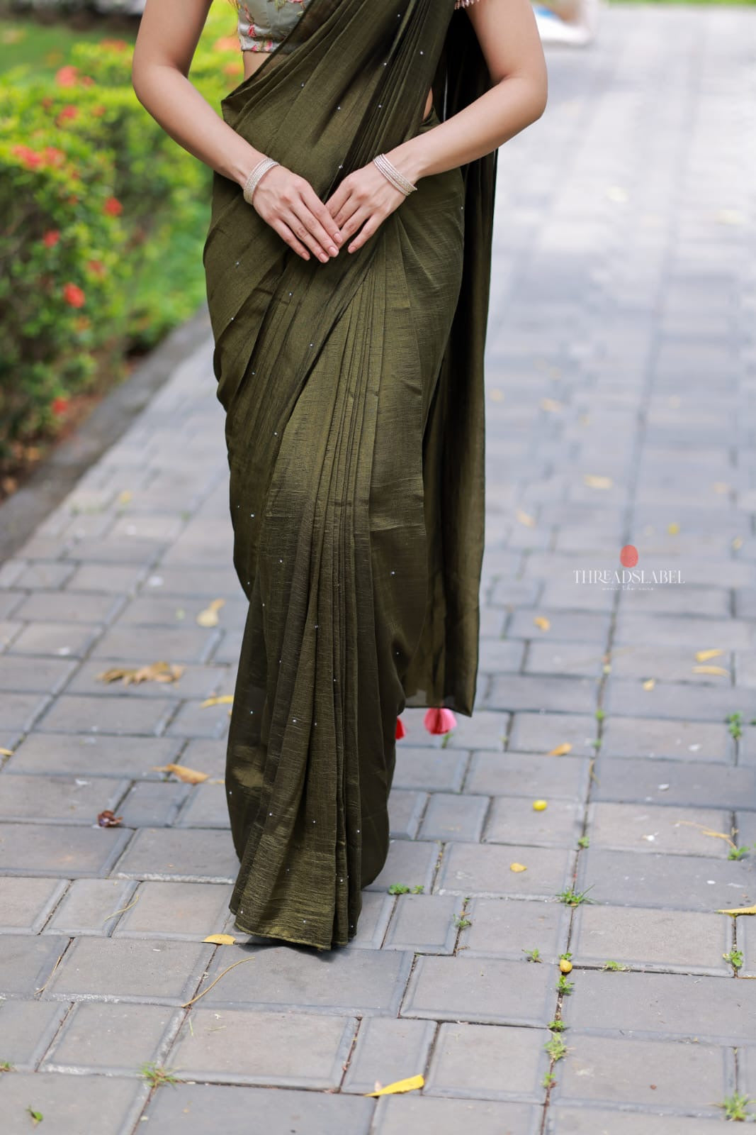 Bottle green Marble Saree with Handwork Blouse