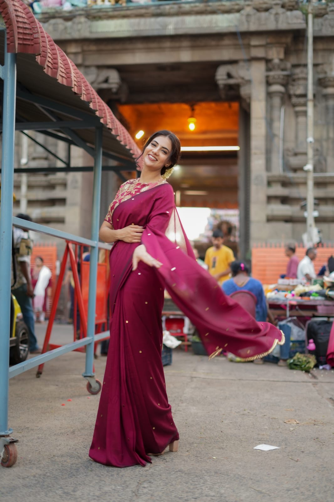 Maroon marble silk saree with embroidery blouse