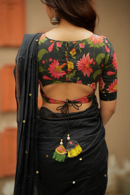Black chanderi cotton floral print blouse (only blouse)