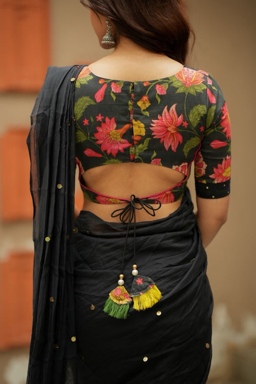 Black malai chanderi saree with floral print blouse