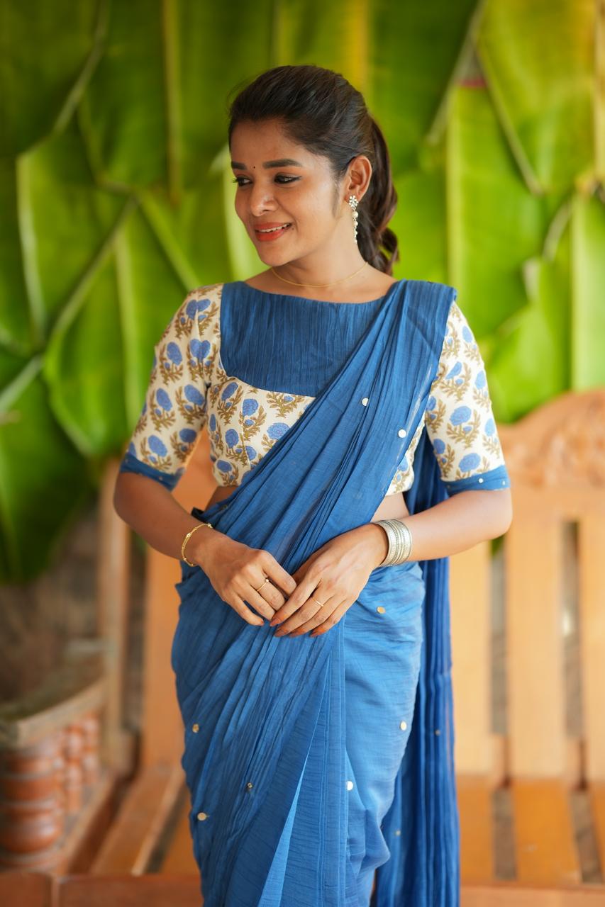 Blue malai chanderi saree with floral print blouse