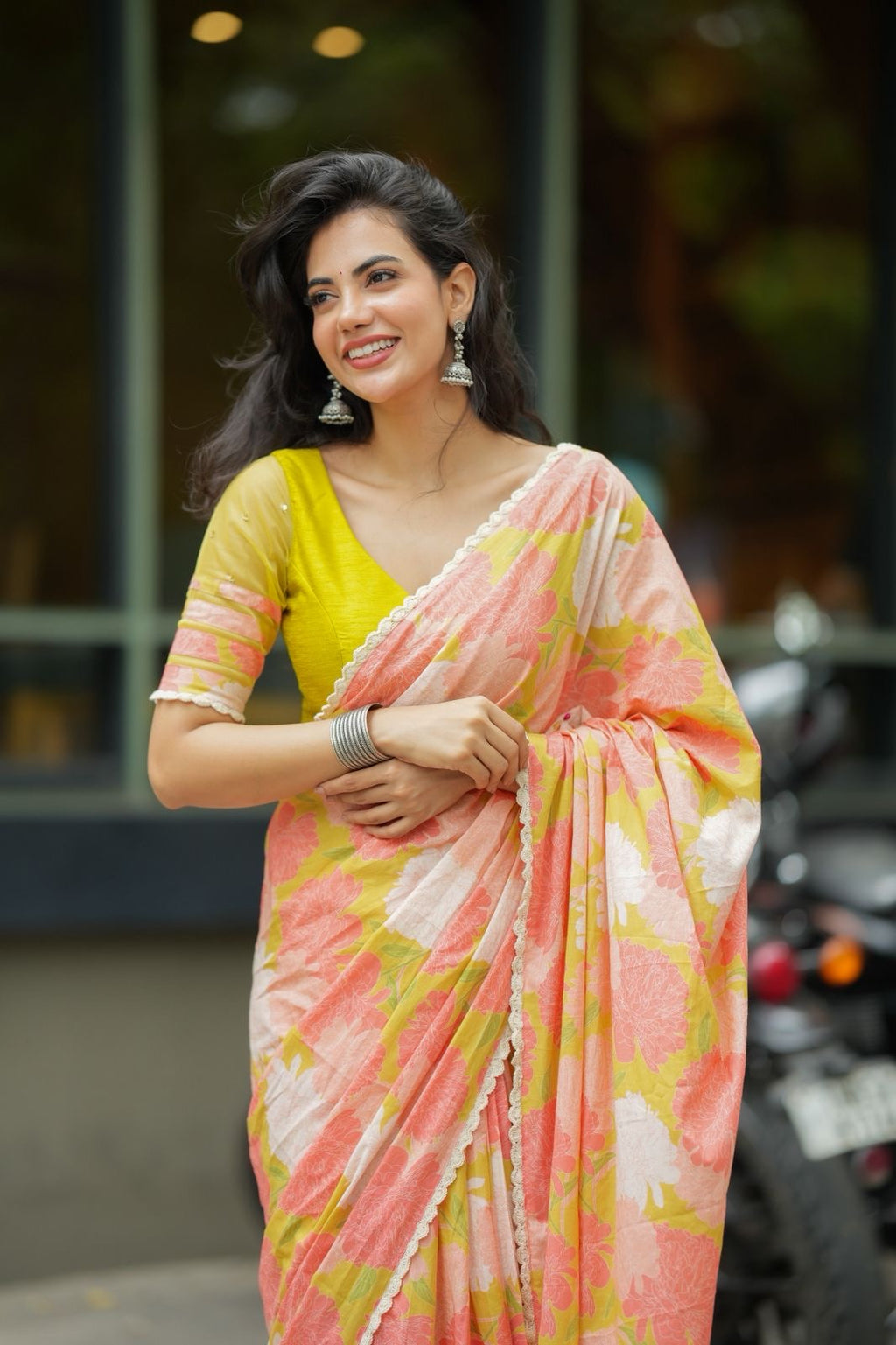 Lime yellow silk & netted hand work blouse (only blouse)