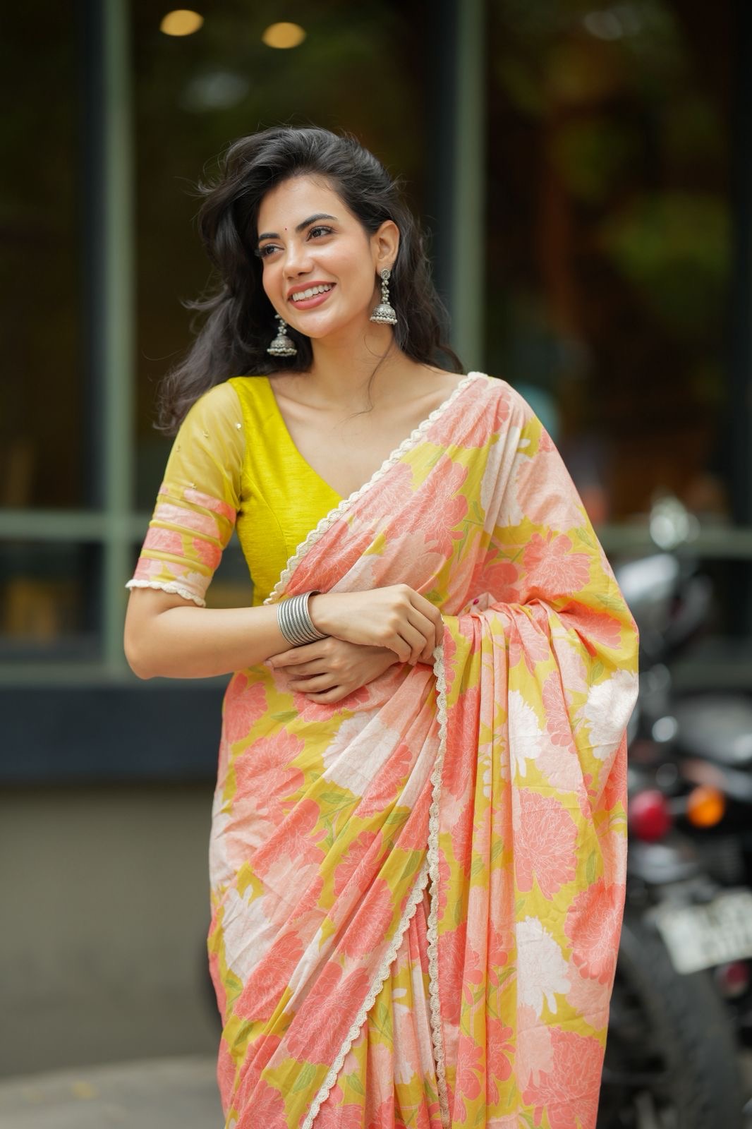 Lime yellow silk & netted hand work blouse (only blouse)