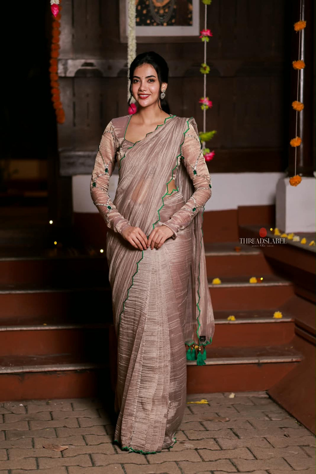 Dusty silver tissue hand made saree & blouse