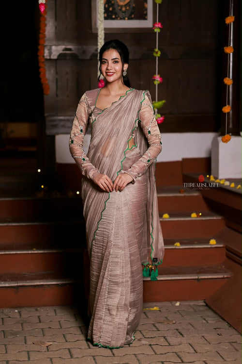 Dusty silver tissue hand made saree & blouse