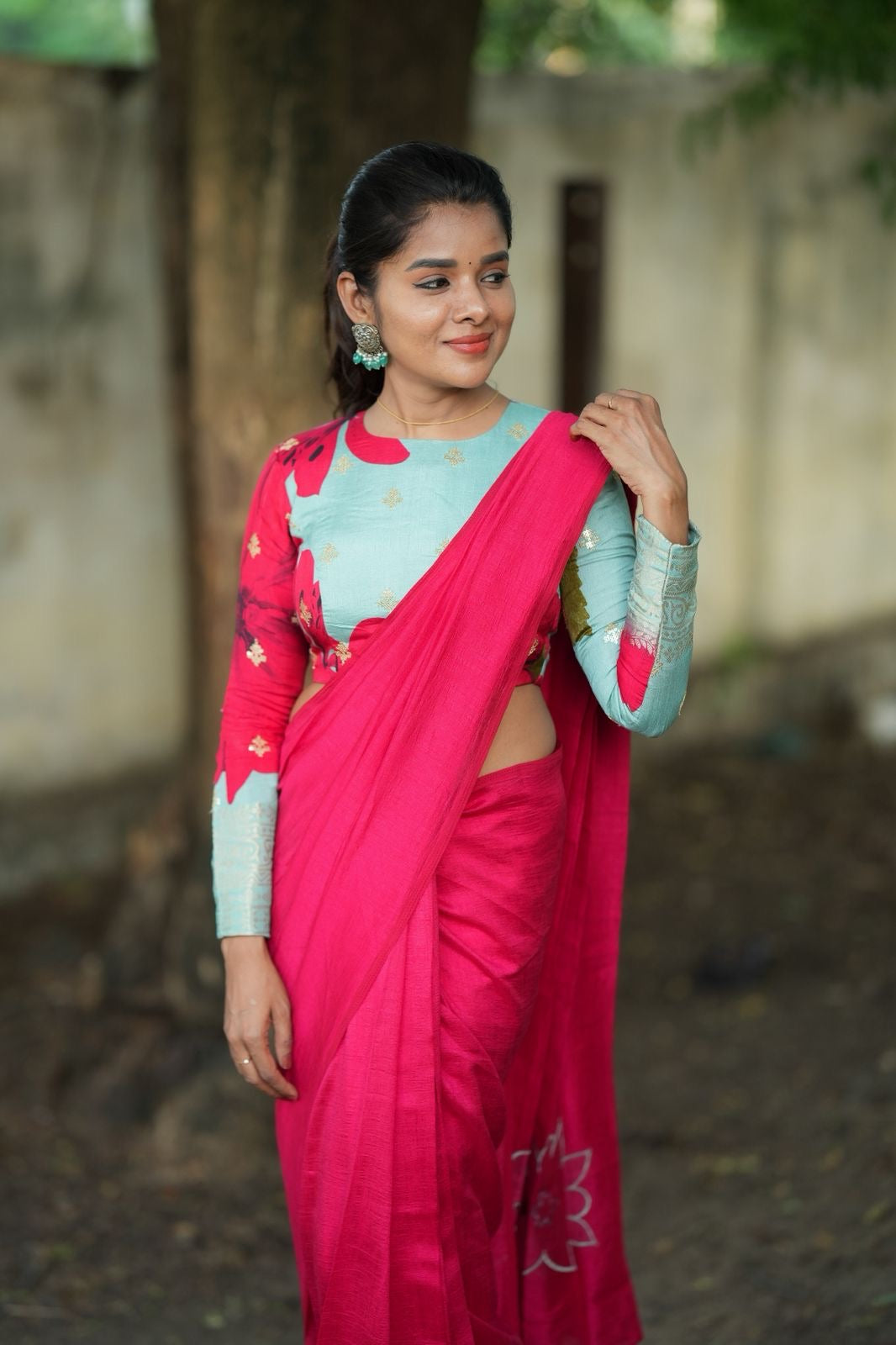 Pink marble silk saree with  embroidery blouse