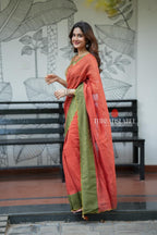 Orange rust mul cotton saree with kalamkari mirror blouse