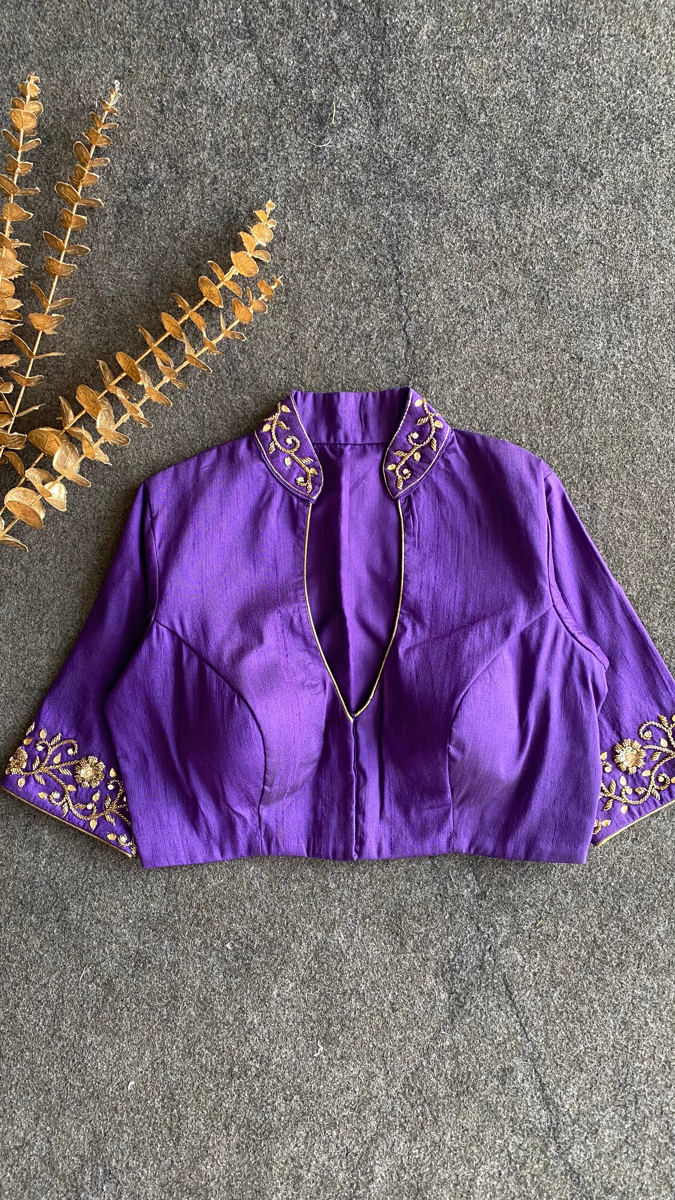 Purple silk collar & sleeves hand worked blouse