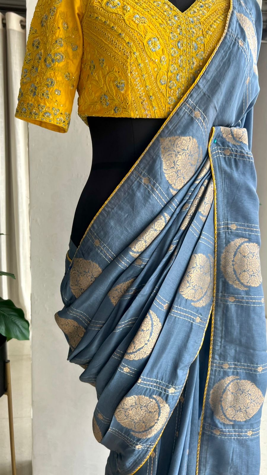 Blue banarasi silk saree with yellow embroidery blouse