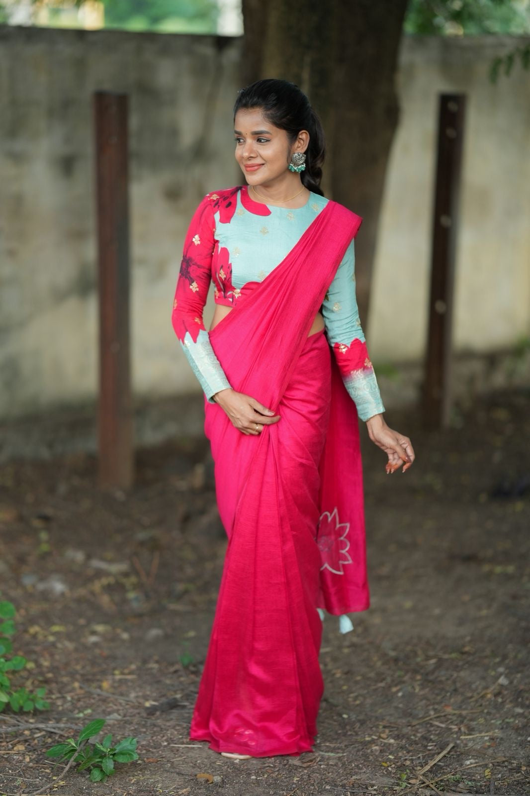 Pink marble silk saree with  embroidery blouse