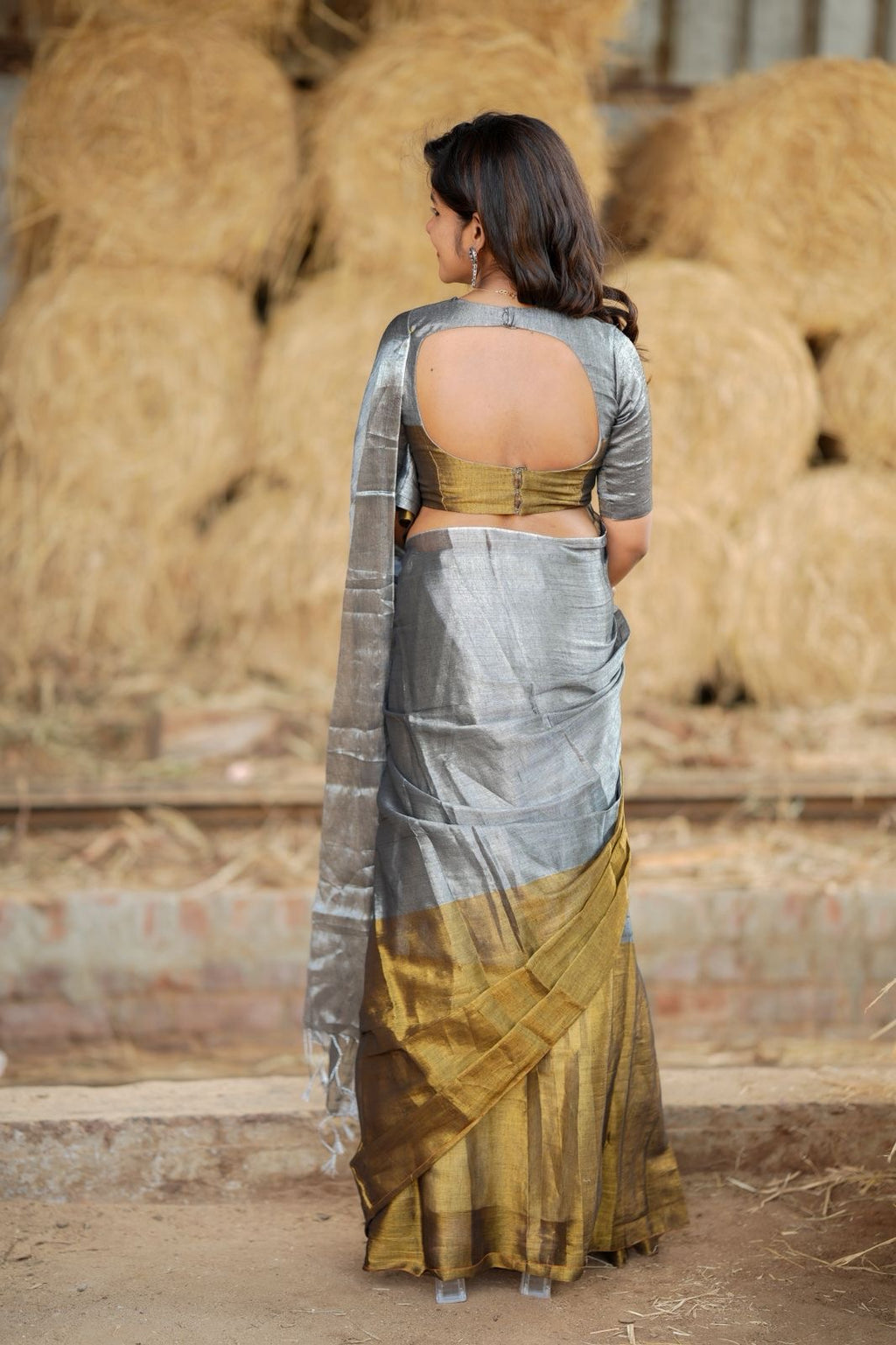 Silver grey gold soft tissue saree with handwork blouse
