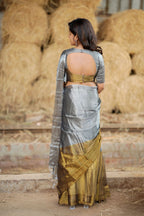 Silver grey gold soft tissue saree with handwork blouse